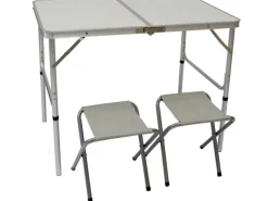AMANKA Klappbarer Campingtisch 90 x 60 x 70 cm inkl. 2 Aluminium Hocker Hellgrau