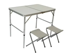 AMANKA Klappbarer Campingtisch 90 x 60 x 70 cm inkl. 2 Aluminium Hocker Hellgrau