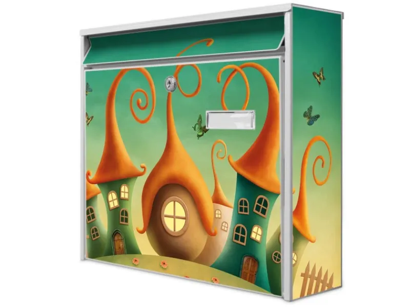 Banjado Briefkasten Weiß 36.2x32.2x10cm Groß / Inkl. Montagematerial & 2 Schlüsseln / Mit Namensschild Motiv Zwergenhausen