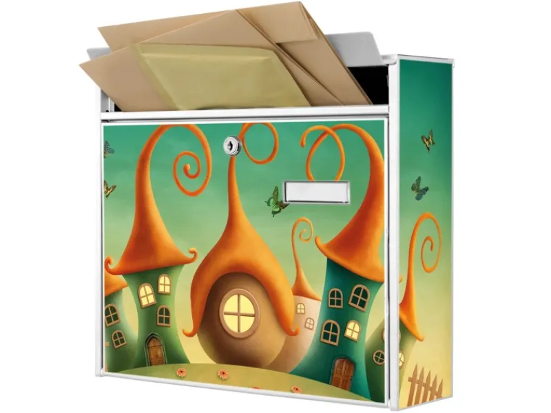 Banjado Briefkasten Weiß 36.2x32.2x10cm Groß / Inkl. Montagematerial & 2 Schlüsseln / Mit Namensschild Motiv Zwergenhausen