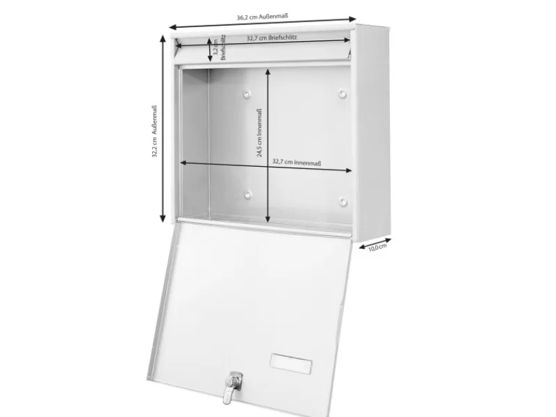 Banjado Terraristik^Briefkasten Weiß 36.2x32.2x10cm Groß / Inkl. Montagematerial & 2 Schlüsseln / Mit Namensschild Motiv Holz