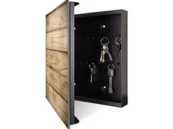 Banjado Großer Schlüsselkasten Glas 30x30cm Schwarz Scharnier Links 50 Haken Beschreibbar Magnetisch Motiv Holzplanken