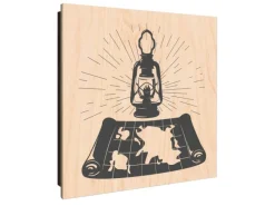 Banjado Schlüsselkasten Holz 30x30cm Schwarz Scharnier Rechts 50 Haken Design Schlüsselbox Motiv Entdecker-Laterne