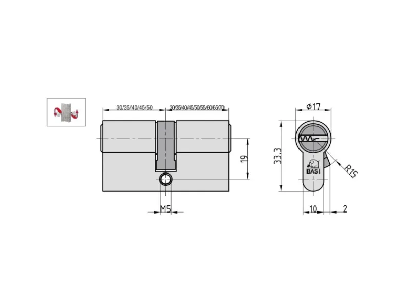 Basi - V55 - Profil-Doppelzylinder - 30/35 mm - Verschiedenschließend - Not- und Gefahrenfunktion