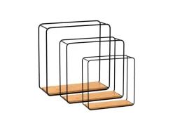 BERLINLODGE Wandregal Metall/Bambus 3er Set Schweberegal 3-Teiliges Hängeregal Würfelregal Schrankregal Wanddeko Und Ablage Schwarz/Holz