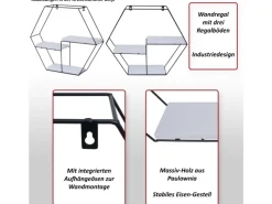 BERLINLODGE Schweberegale^Wandregal Sechseckig HxBxT 43x49x11cm 3 Regalböden Metall Massiv-Holz Industrial Dunkel Hängeregal Schweberegal Regal