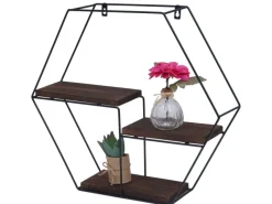 BERLINLODGE Wandregal Sechseckig HxBxT 43x49x11cm 3 Regalböden Metall Massiv-Holz Industrial Dunkel Hängeregal Schweberegal Regal