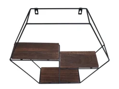 BERLINLODGE Wandregal Sechseckig HxBxT 43x49x11cm 3 Regalböden Metall Massiv-Holz Industrial Dunkel Hängeregal Schweberegal Regal