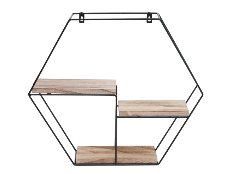 BERLINLODGE Wandregal Sechseckig HxBxT 43x49x11cm 3 Regalböden Metall Massiv-Holz Industrial Hängeregal Schweberegal Regal