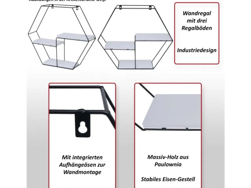 BERLINLODGE Wandregal Sechseckig HxBxT 43x49x11cm 3 Regalböden Metall Massiv-Holz Industrial Hängeregal Schweberegal Regal