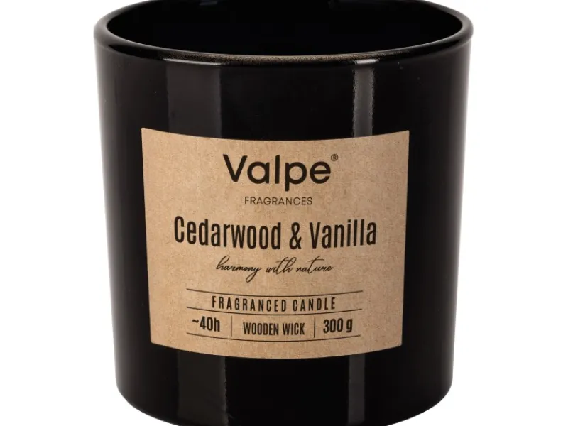Kerzen^Bispol Valpe Duftkerze mit Holzdocht Zedernholz & Vanille 10 cm