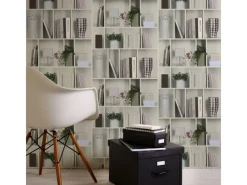 Bricoflor Fototapeten^ausgefallene Tapete mit Bücherregal Muster 3D Tapete Ideal für Wohnzimmer und Büro Weiße Vliestapete mit Regel Design