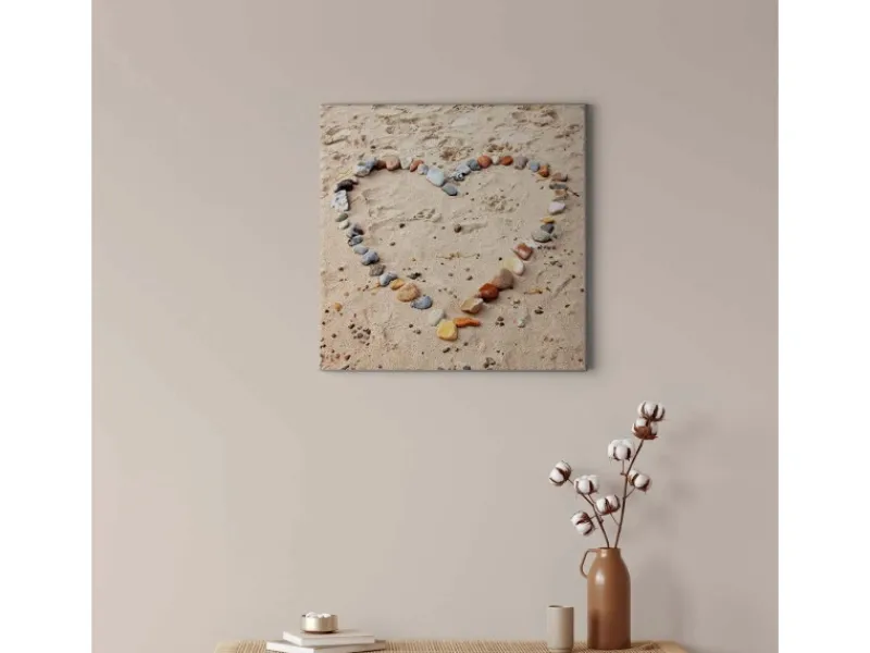 Bricoflor Bild Mit Steinen Als Herz Leinwand Bild Mit Strand Motiv Ideal Für Schlafzimmer Und Badezimmer Wandbild Im Maritimen Stil In Beige Und Grau