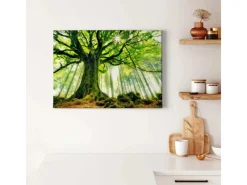 Bricoflor Bild Mit Wald Und Sonnenstrahlen Baum Wandbild In Grün Leinwand Bild Mit Baumkrone Ideal Für Badezimmer Und Schlafzimmer