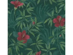 Bricoflor Mosaik^Dschungel Tapete in Grün Rot Tropische Blätter Vliestapete mit Blumen Hibiskus Wandtapete mit Palmenblättern für Wohnzimmer und Schlafzimmer