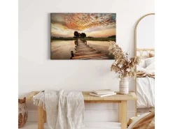 Bricoflor Wanddekoration^Leinwand Bild Mit Steg Am See Sonnenuntergang Leinwandbild In Pastellfarben Landschaft Wandbild In Abendstimmung Für Schlafzimmer Und Küche