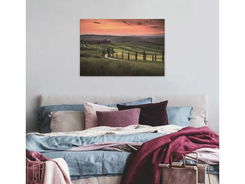 Bricoflor Wanddekoration^Leinwand Mit Toskana Im Sonnenuntergang Landschaft Wandbild In Grün Und Orange Für Wohnzimmer Mediterranes Leinwandbild Auf Keilrahmen