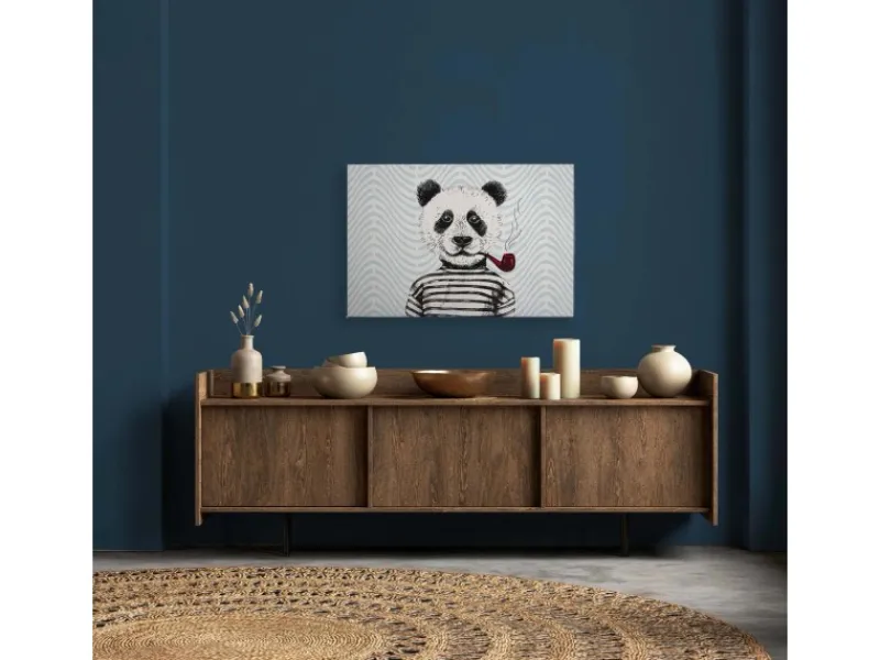 Bricoflor Maritimes Wandbild Panda Mit Pfeife Wohnzimmer Und Kinderzimmer Leinwandbild Mit Pandabär Auf Zickzack Muster 120 X 80