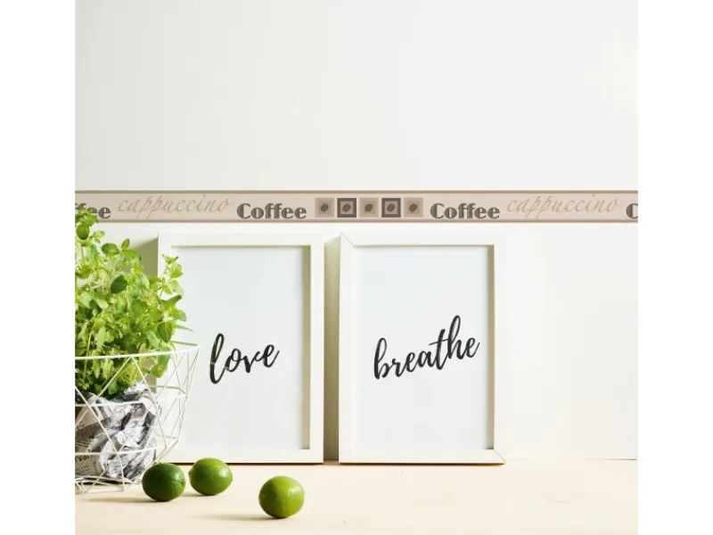 Bricoflor Schmale Tapetenborte für Küche Selbstklebende Tapeten Bordüre mit Kaffee Design in Beige Braun Cafe Wandbordüre mit Schriftzug aus Vinyl