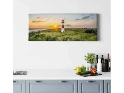 Bricoflor Wanddekoration^Sylt Bild Auf Leinwand Maritimes Bild Mit Leuchtturm Ideal Für Schlafzimmer Und Esszimmer Sonnenuntergang Wandbild Mit Dünen An Nordsee
