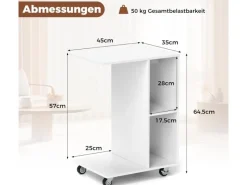 Sofas^Costway Beistelltisch mit Rollen Sofatisch C-Form Nachttisch Weiß