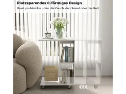 Sofas^Costway Beistelltisch mit Rollen Sofatisch C-Form Nachttisch Weiß