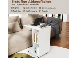 Sofas^Costway Beistelltisch mit Rollen Sofatisch C-Form Nachttisch Weiß