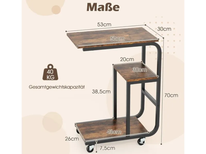 Costway Beistelltisch Sofatisch mit Rollen C-Form 3 Ebenen Kaffeetisch