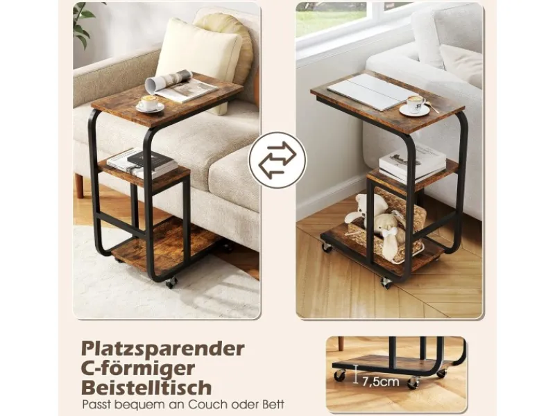 Costway Beistelltisch Sofatisch mit Rollen C-Form 3 Ebenen Kaffeetisch
