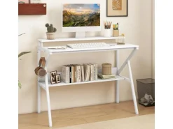 Tische^Costway Schreibtisch mit Monitorständer PC-Tisch mit Regal Weiß