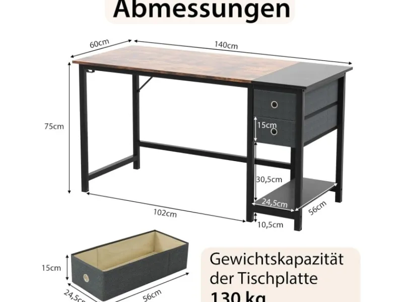 Costway Schreibtisch mit 2 Schubladen Großer PC-Tisch Zuhause