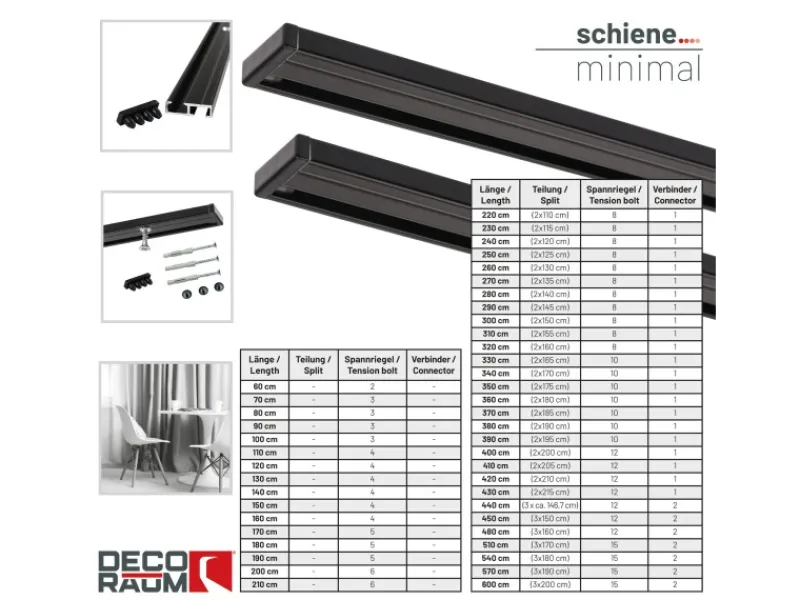 Deco-Raum Gardinenschienen^Gardinenschiene nach Maß 1-Lauf Deckenmontage Minimal 90cm
