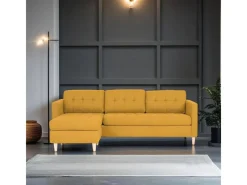 Sofas^ebuy24 Marino Sofa Chaiselongsofa Rechts oder Links Gewendet in Stoff Currygelb mit Holzbeinen