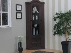 Vitrinen^ebuy24 New Mexico Eckschrank mit 1 Glastür und 2 Schubladen Kolonial Gebeizt Gewachst