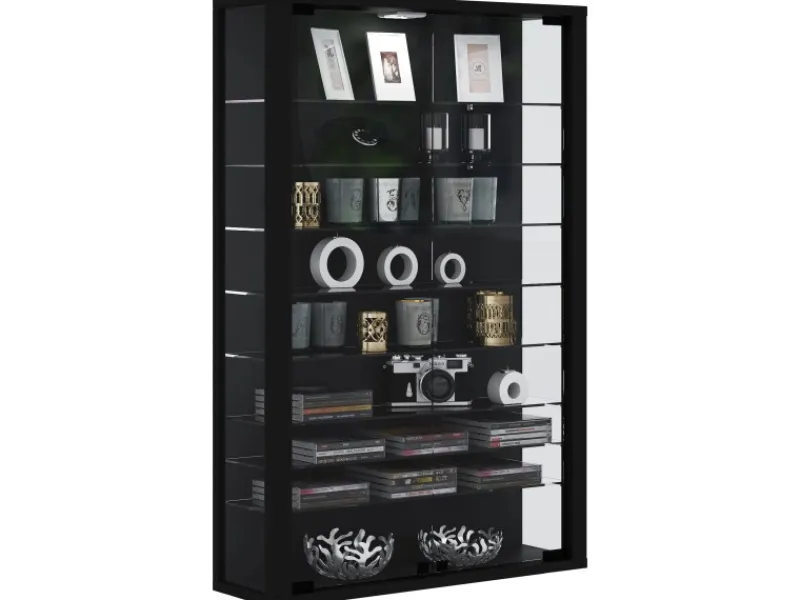 ebuy24 Vitrosa Mini Vitrinenschrank Wandhängend mit 2 Glastüren und 8 Glasregalen Schwarz