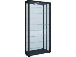 Vitrinen^ebuy24 VitrosaMaxi Vitrinenschrank Wandhängend mit Spiegel 2 Glastüren Inkl LED-Leuchten Schwarz