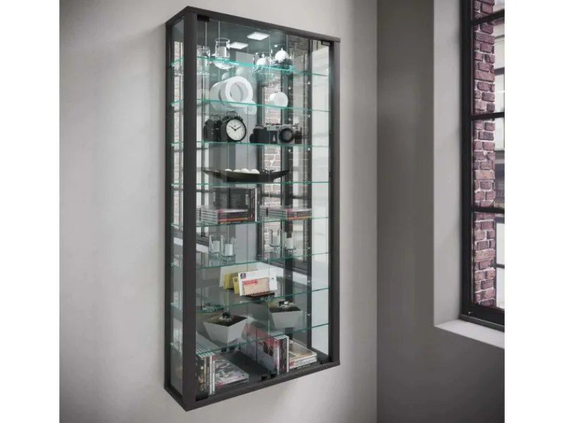 ebuy24 VitrosaMaxi Vitrinenschrank Wandhängend mit Spiegel 2 Glastüren Schwarz