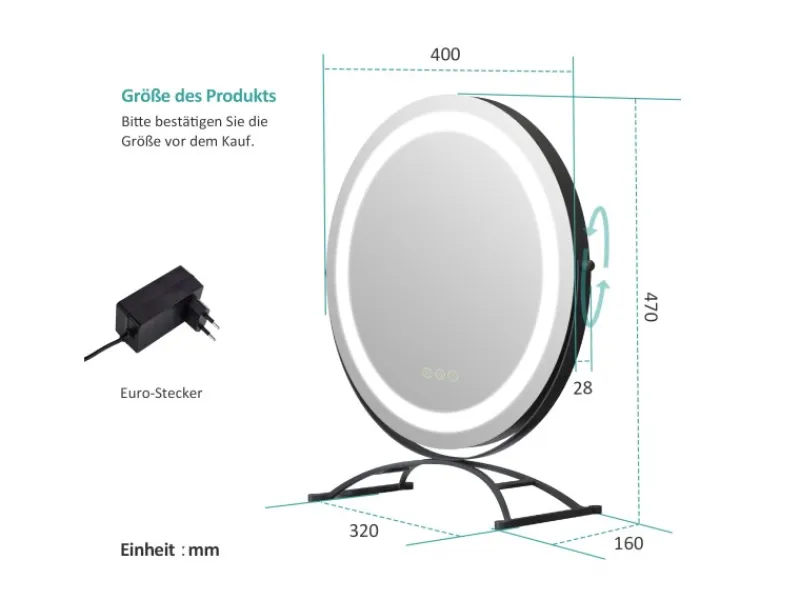 Emke Kosmetikspiegel Runder mit Beleuchtung 3 Farbtemperatur und Dimmbar 40cm