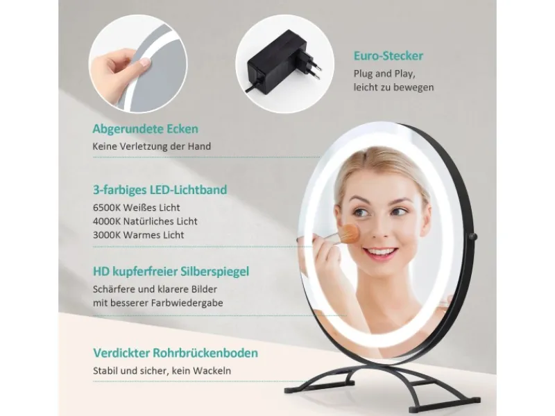 Emke Kosmetikspiegel Runder mit Beleuchtung 3 Farbtemperatur und Dimmbar 40cm