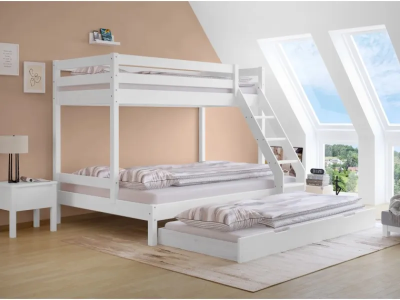 Erst-Holz Doppel-Etagenbett 90 x 200 cm und 140 x 200 cm Erwachsene Kiefer Weiß Modell 18 ohne Zubehör