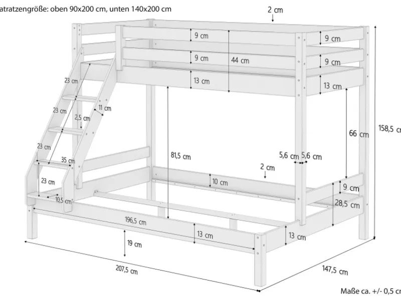 Erst-Holz Doppel-Etagenbett 90 x 200 cm und 140 x 200 cm Erwachsene Kiefer Weiß Modell 18 ohne Zubehör
