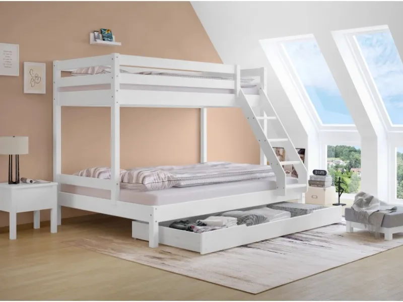 Erst-Holz Doppel-Etagenbett 90 x 200 cm und 140 x 200 cm Erwachsene Kiefer Weiß Modell 18 Rollrost inkl.