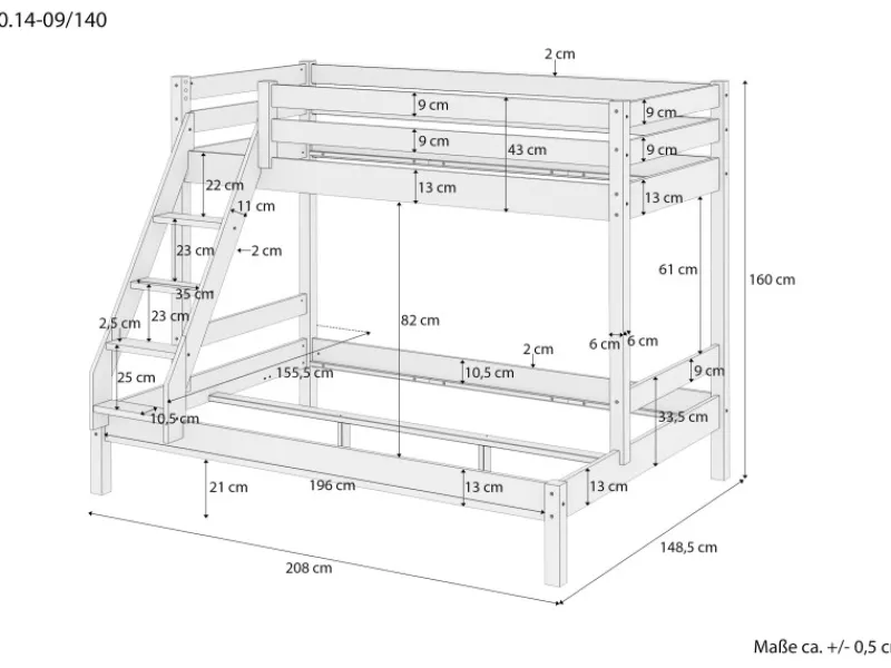 Erst-Holz Etagenbett Holzbett 3er-Bett Buche Massiv 90 + 140 x 200 cm Modell 14 ohne Zubehör