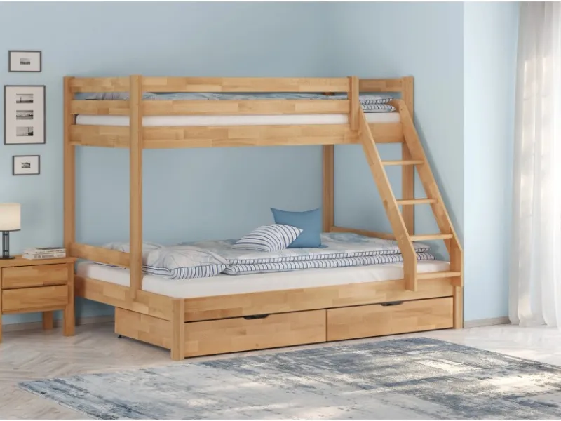 Erst-Holz Klarlacke^Etagenbett Holzbett 3er-Bett Buche Massiv 90 + 140 x 200 cm Modell 14 Rollrost inkl.