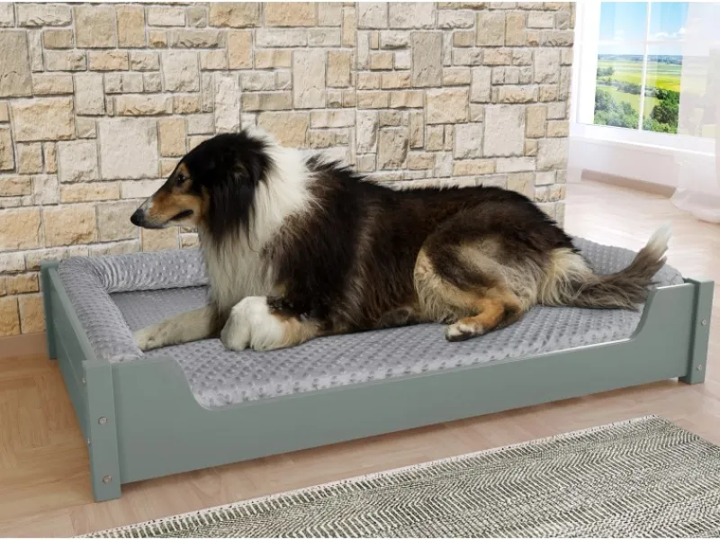 Erst-Holz Hundebedarf^Kuscheliges Haustierbett Extra Groß 120 x 70 cm Kiefer Grau Rollrost und Matratze inkl.