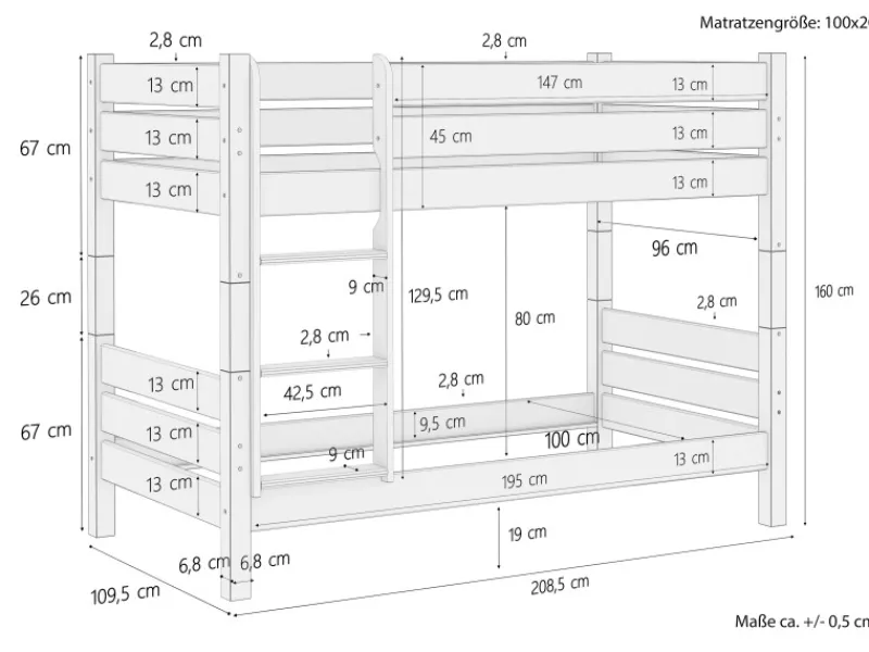 Erst-Holz Teilbares Etagenbett 100 x 200 Kiefer Weiß für Erwachsene Modell 16 ohne Zubehör