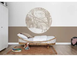 ESTAhome Wandtattoos^Selbstklebende Runde Tapete Wald Mit Waldtieren Beige Ø 140 cm 159085