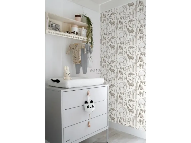 ESTAhome Tapete Dschungeltiere Crême-Weiß 53 cm x 10.05 m