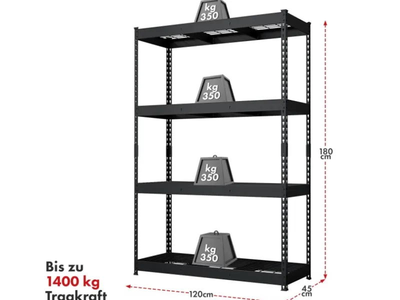 Floordirekt Regale Schwarz|Schwerlastregal^Schwerlastregal Yukon Rivet 4 Böden 180 x 120 x 45 cm