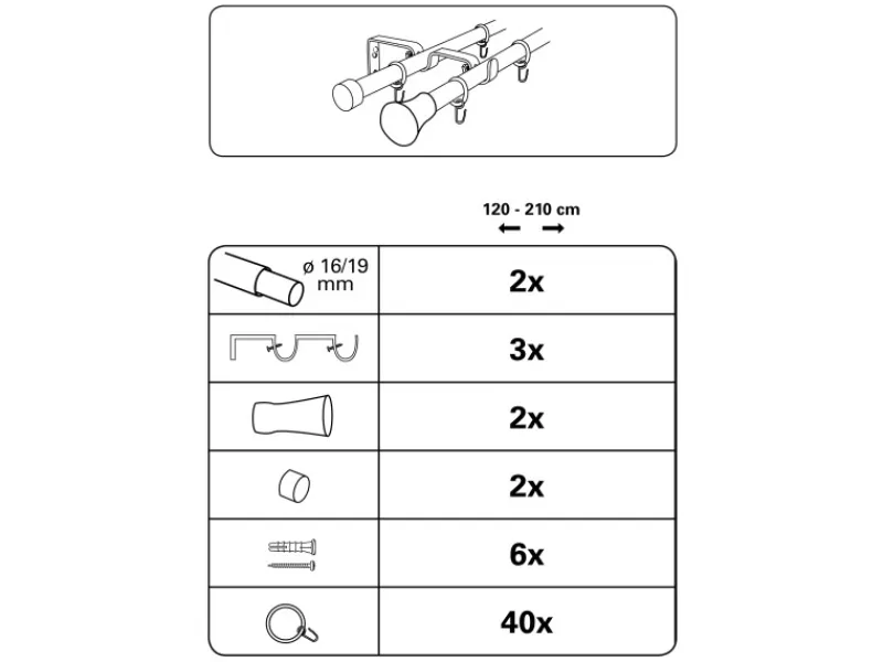 Gardinia Gardinenstangen-Set Konus mit Innenlauf II Ø 16/19 mm 120 cm - 210 cm